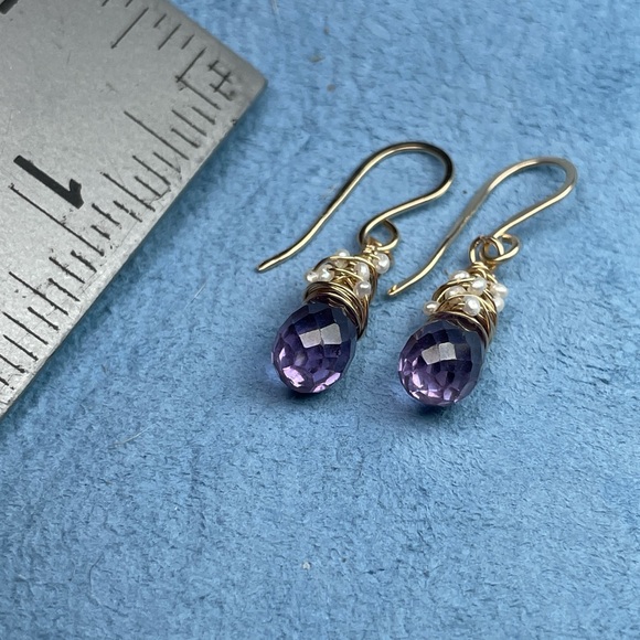 Alexandrite Crystals And Pearls Artisan Earrings 14K Gold Filled - Picture 14 of 16